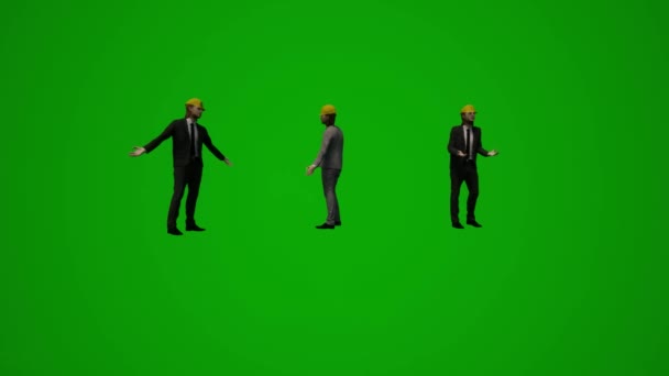 Анимация Четырех Мужчин Руководителей Строительства Зеленого Экрана Говорящих Ходящих Зданию — стоковое видео