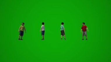 Çocuk yeşil ekran oynuyor ve koşuyor, düşünüyor, ayakta duruyor, dans ediyor, yürüyor, birkaç farklı pozla oturuyor.