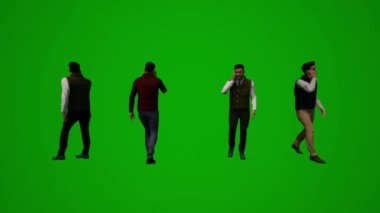 3D genç erkek öğrenci yeşil ekran alışverişi yapıyor ve çantalı ve çantalı telefonla konuşuyor.