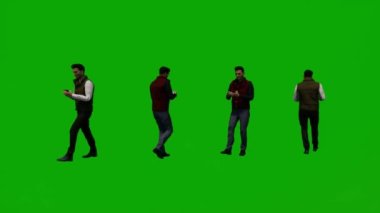 Üç boyutlu genç erkek öğrenci yeşil ekranda telefonla konuşuyor, yürüyor ve birkaç farklı hareket açısı izliyor.