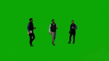 Üç boyutlu genç erkek öğrenci yeşil ekranda telefonla konuşuyor, yürüyor ve birkaç farklı hareket açısı izliyor.