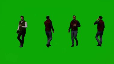3D genç erkek öğrenci yeşil ekranda yürüyor ve üniversitenin çevresine birçok farklı hareket açısı bakıyor.