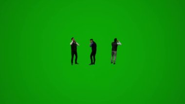 Üç boyutlu genç erkek öğrenci yeşil ekranda telefonla konuşuyor, yürüyor ve birkaç farklı hareket açısı izliyor.