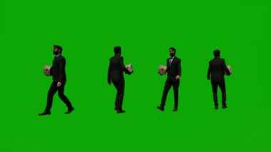 Üç boyutlu adam yeşil ekran alışverişi yapıyor ve valiz ve el çantasıyla birkaç hareket açısı ile seyahat ediyor.