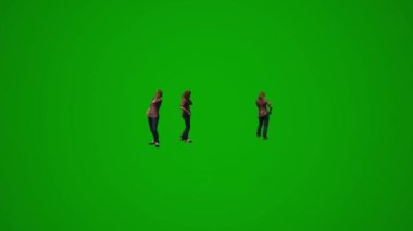 3D Avrupalı kadın çalışan yeşil ekran konuşuyor ve ofise farklı açılardan sesleniyor.