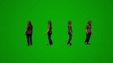 3D Avrupalı kadın çalışan yeşil ekran konuşuyor ve ofise farklı açılardan sesleniyor.
