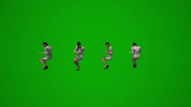 Üç boyutlu Asyalı satış elemanı yeşil ekran telefonla konuşuyor ve içki içiyor. Birkaç farklı hareket açısı var.