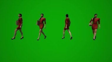 3D Asyalı satış elemanı yeşil ekran yürüyüşü ve alışveriş arabası ve el çantası ile birkaç hareketli açı