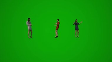3D Asyalı satış elemanı yeşil ekran hizmetleri açıklıyor ve değişik hareketli açılardan konuşuyor