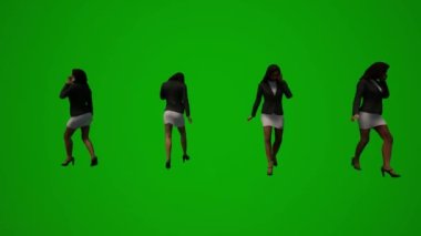 3D Afrikalı kadın yeşil ekran valiz ve el çantasıyla geziyor ve alışveriş yapıyor.