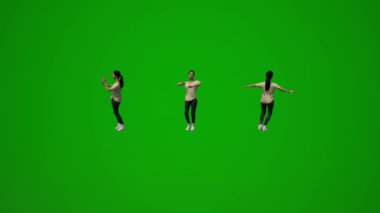 Üç boyutlu genç Amerikalı kadın yeşil ekran kutlama ve dans farklı animasyon açıları