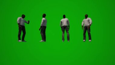 Üç boyutlu siyah Amerikalı adam yeşil ekran konuşuyor ve birkaç farklı hareket açısı var.