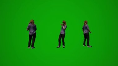 3D Avrupalı kadın çalışan yeşil ekran telefonda çalışıyor, telefonla konuşuyor ve birkaç farklı hareket açısı üzerinde yürüyor.