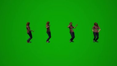 3D yeşil ekran Avrupalı kadın çalışan dans ediyor ve ofiste eğleniyor.