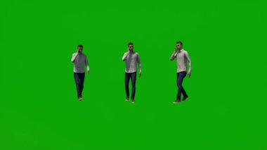 Üç boyutlu genç öğrenci yeşil ekran konuşuyor, telefonla konuşuyor ve birkaç farklı hareket açısı üzerinde yürüyor.