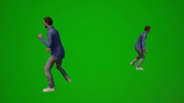 3 boyutlu genç öğrenci yeşil ekranda yıl sonunu kutluyor ve farklı açılarda dans ediyor.