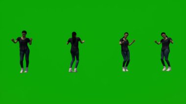 Üç boyutlu genç Amerikalı kadın yeşil ekran kutlama ve dans farklı animasyon açıları