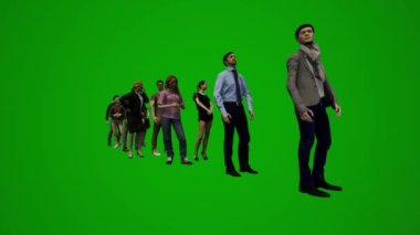 3D grup farklı genç Amerikalı erkek ve kadınlar yeşil ekran arka plan çalıyor, piyano çalıyor ve krom kayıyor.