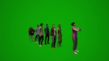 3D grup farklı genç Amerikalı erkek ve kadınlar yeşil ekran arka plan çalıyor, piyano çalıyor ve krom kayıyor.
