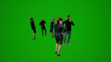 3 boyutlu grup farklı Amerikan erkek ve kadın çalışanları yeşil ekran arka planı konuşuyor ve yürüyen ofis kroması