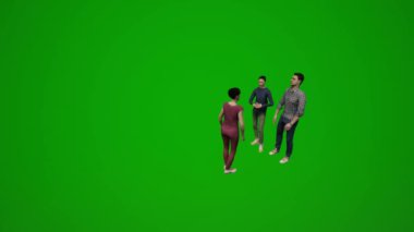 3D grup farklı Avrupalı iş adamları ve kadınlar yeşil ekran arka planda oturuyor ve iş yerinde cep telefonlarını konuşuyor