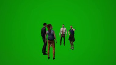 Üç boyutlu birkaç erkek ve kadın yeşil ekranda yürüyor, konuşuyor ve kafede bekliyor.