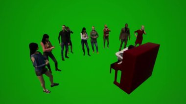 3D grup farklı genç Amerikalı erkek ve kadınlar yeşil ekran arka plan çalıyor, piyano çalıyor ve krom kayıyor.