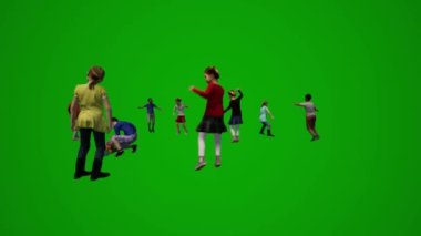 3D grup farklı genç Amerikalı erkek ve kadınlar yeşil ekran arka plan çalıyor, piyano çalıyor ve krom kayıyor.