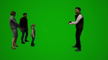 Üç boyutlu birkaç farklı erkek ve kadın yeşil ekran fotoğraf çekiyor ve birbirlerini filme çekiyorlar.