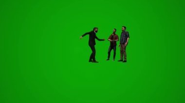 Üç boyutlu grup farklı Amerikalı erkek ve kadın muhabirler yeşil ekran arka planı haber yapıyor, film çekiyor ve sahneyi konuşuyor