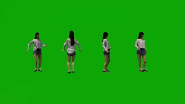 Üç boyutlu animasyon Asyalı ve Çinli kadın yeşil ekran dansı ve partide kutlama