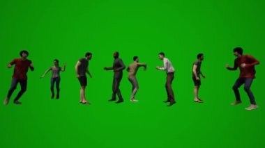 3 boyutlu grup farklı Amerikan ev kadınları erkekler ve kadınlar yeşil perde dansı ve parti ve iş krom eğlence