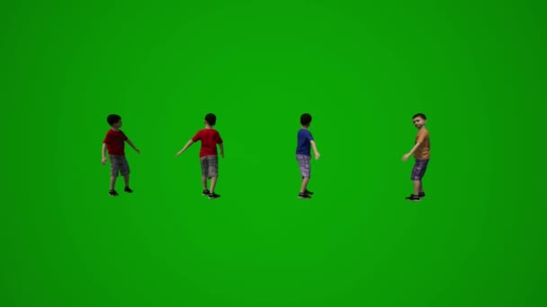 男の子の緑の画面を再生し 実行して 立って 歩いて いくつかの異なるポーズで座って — ストック動画