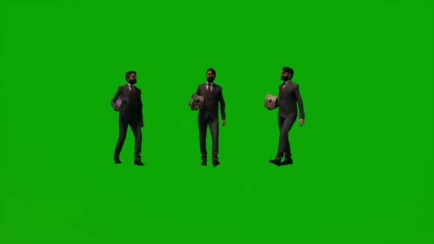 Человек Костюм Зеленый Экран Ходить Говорить Телефону Танцы Несколько Различных — стоковое видео