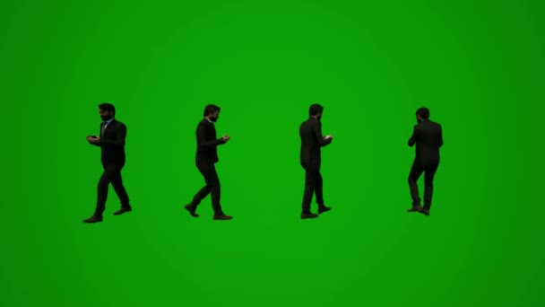 3D男スーツ緑の画面を歩くと 電話を話し いくつかの角度で — ストック動画