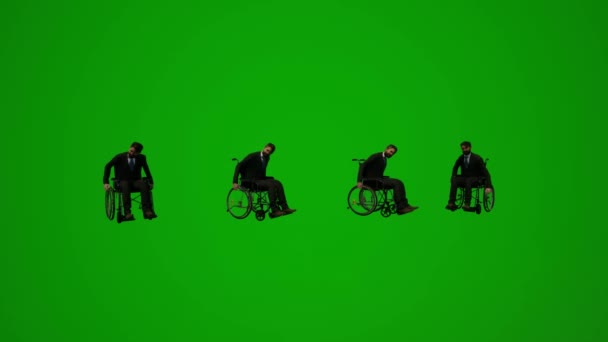 3D男スーツ緑の画面撮影と移動座位と立ち位置と車椅子いくつかの異なる移動角度 — ストック動画