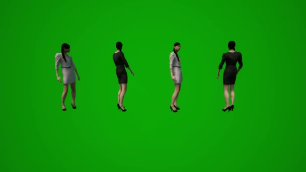 3Dアジアのセールスマン緑の画面では サービスを説明し いくつかの異なる移動角度を話す — ストック動画