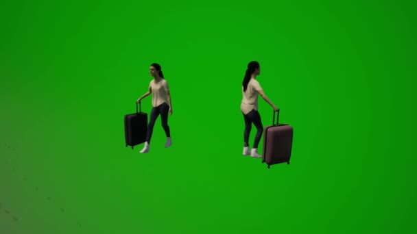 Молодая Американка Зеленый Экран Покупки Путешествия Сумкой Чемоданом Несколько Углов — стоковое видео