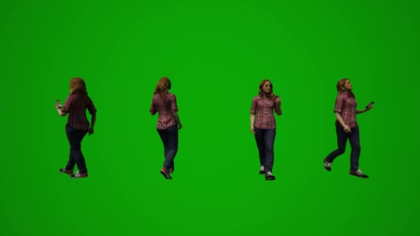 3Dヨーロッパの女性従業員緑の画面携帯電話を操作し 電話を話し いくつかの異なる移動角度を歩く — ストック動画