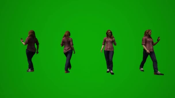 3Dヨーロッパの女性従業員緑の画面携帯電話を操作し 電話を話し いくつかの異なる移動角度を歩く — ストック動画