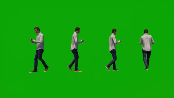 3D若い学生男の子緑の画面の話や電話を話して いくつかの異なる移動角度を歩く — ストック動画