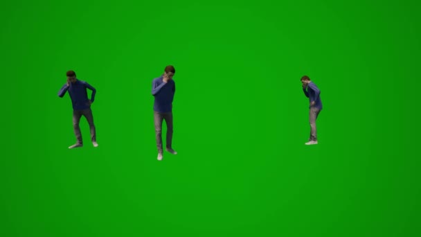 3D若い学生男の子緑の画面の話や電話を話して いくつかの異なる移動角度を歩く — ストック動画