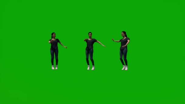 Mladá Americká Žena Zelená Obrazovka Slaví Tančí Několik Různých Animovaných — Stock video