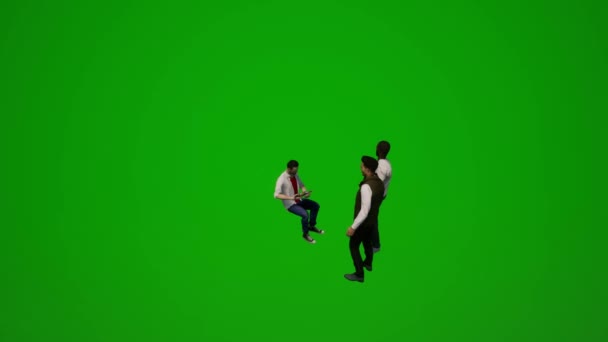 3Dいくつかの異なる男性と女性の緑の画面歩くと話してカフェを待っています — ストック動画