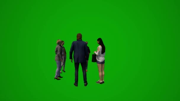 3Dいくつかの異なる男性と女性の緑の画面歩くと話してカフェを待っています — ストック動画