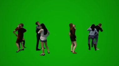 3 boyutlu grup farklı Amerikan erkek ve kadın çalışanları yeşil ekran arka planı konuşuyor ve yürüyen ofis kroması
