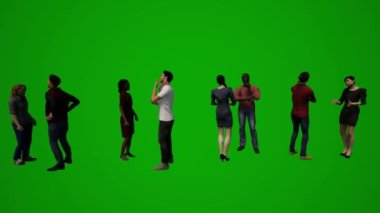 3D grup farklı Asyalı satıcı ve kadınlar yeşil ekran arka planı konuşuyor ve müşterilerle görüşmeler kroma depolama