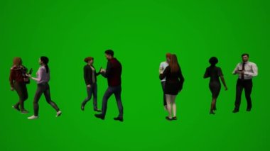 3D grup farklı Asyalı satıcı ve kadınlar yeşil ekran arka planı konuşuyor ve müşterilerle görüşmeler kroma depolama