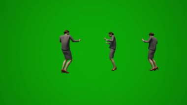 Kadın çalışan 3D yeşil ekran dansı ve iş arkadaşlarıyla ofisi kutluyor.