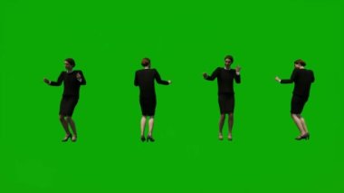 Kadın çalışan 3D yeşil ekran dansı ve iş arkadaşlarıyla ofisi kutluyor.